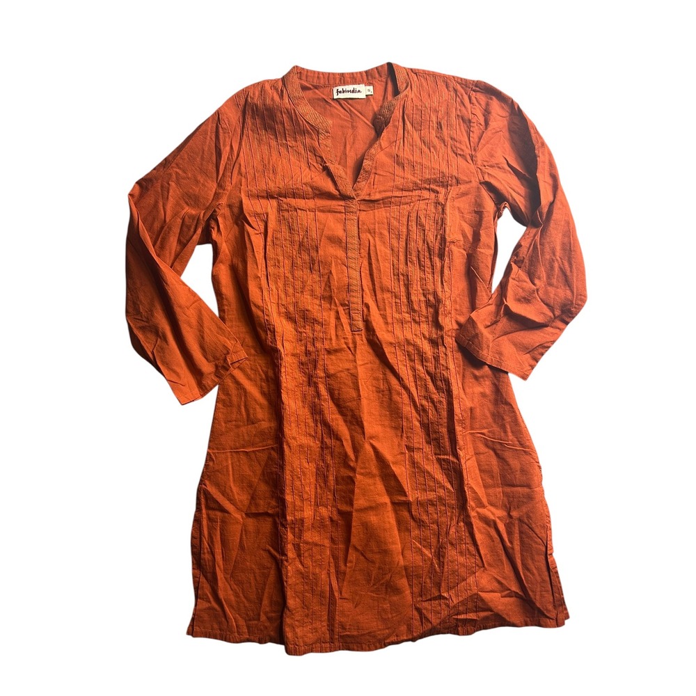 Fabindia Kids Burnt Orange Cotton Long Sleeve Tunic Top Gold Embroidery Size S